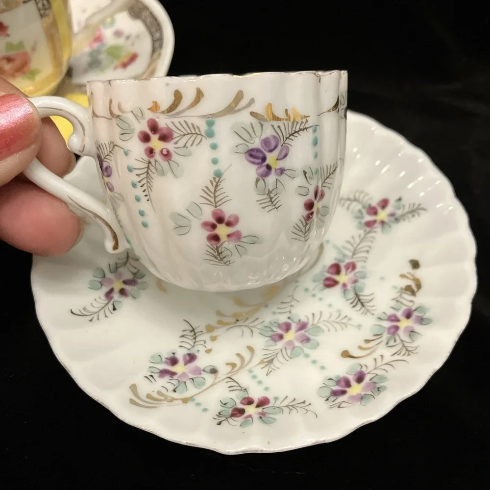Vintage Lot 3 Fine China Porcelain Teacups & Saucers Floral Gold Blue Avon